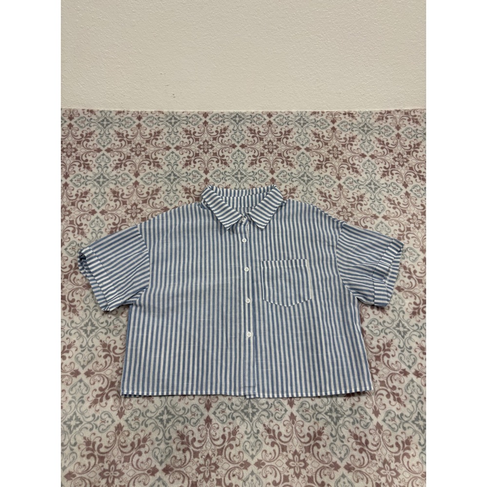 SHEIN Curve Blue White Striped Short Sleeve Button Down Cropped Shirt 0XL